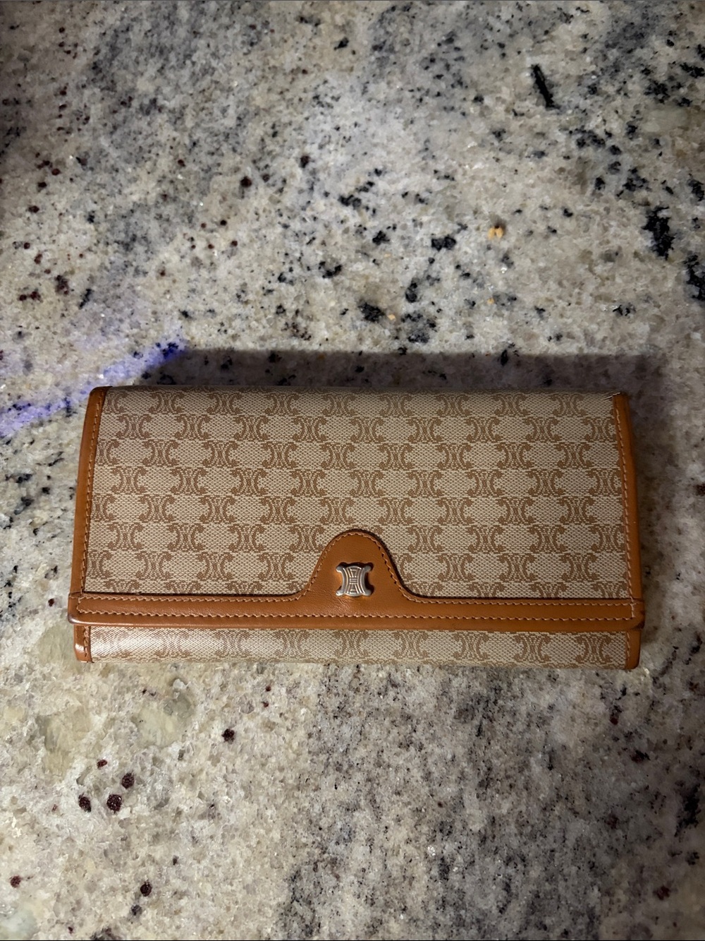 Authentic Vintage Celine Monogram Continental Wallet with Tan Leather Trim